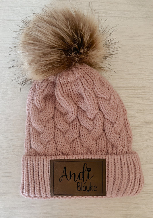 Pom Pom Laser Engraved Patch Beanie