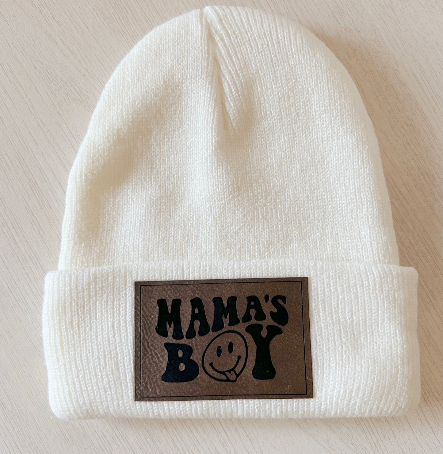 Mamas Boy Smiley Face Laser Engraved Patch Beanie