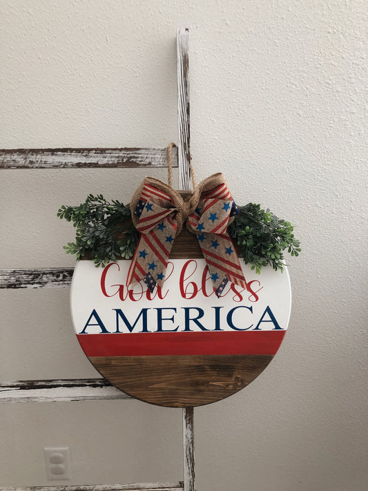 God Bless America Wooden Door Round